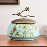 Sky blue ceramic ashtray with lid and songbird branch design