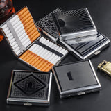Vintage metal cigarette cases shown open and closed with different engraved patterns