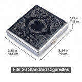 Vintage engraved metal cigarette case size chart with measurements and 20 cigarette capacity