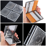 Metal cigarette case feature collage showing dimensions, interior bands, and engraved patterns
