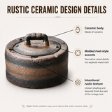 Rustic ceramic ashtray design details showing ceramic body, molded rivet-style accents, and intentional vintage textured finish
