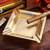 Gold square cigar ashtray with cigar holder rests and classic metallic finish for home bar or office decor