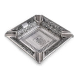 Silver zinc alloy square cigar ashtray with vintage engraved details and 4 cigar rests for cigar smokers
