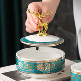 Classy Vintage Ceramic Ashtray with Lid Cool Nordic Ash Tray Covered Lidded Windproof Teal Green