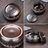 Covered Ashtray for Outdoor Patio Ceramic Lidded Windproof Smokeless Cool Ash Tray