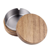 Outdoor Covered Ashtray with Lid Wooden Acacia Smokeless Ash Tray Cool Cute Lidded Windproof Rustic Removable Metal Tray