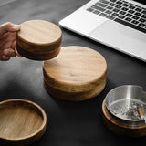 Outdoor Covered Ashtray with Lid Wooden Acacia Smokeless Ash Tray Cool Cute Lidded Windproof Rustic Removable Metal Tray
