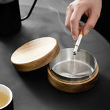 Outdoor Covered Ashtray with Lid Wooden Acacia Smokeless Ash Tray Cool Cute Lidded Windproof Rustic Removable Metal Tray