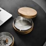 Outdoor Covered Ashtray with Lid Wooden Acacia Smokeless Ash Tray Cool Cute Lidded Windproof Rustic Removable Metal Tray