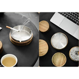 Outdoor Covered Ashtray with Lid Wooden Acacia Smokeless Ash Tray Cool Cute Lidded Windproof Rustic Removable Metal Tray