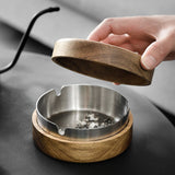 Outdoor Covered Ashtray with Lid Wooden Acacia Smokeless Ash Tray Cool Cute Lidded Windproof Rustic Removable Metal Tray