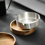 Outdoor Covered Ashtray with Lid Wooden Acacia Smokeless Ash Tray Cool Cute Lidded Windproof Rustic Removable Metal Tray