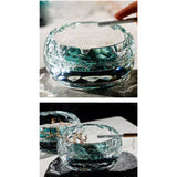 Collage showing round glass ashtray with turquoise base in use