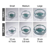 Size chart showing small, medium, and large round crystal glass ashtrays