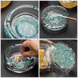 Collage of close-up views of crystal glass ashtray with turquoise base