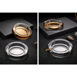 Collage showing modern round crystal glass ashtrays in multiple finishes