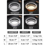 Size chart of round crystal glass ashtray in 15 cm, 18 cm, and 20 cm sizes