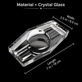 Crystal glass cigar ashtray with dimensions labeled on a black background