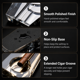 Product features of a crystal glass cigar ashtray with non-slip base and extended cigar groove.