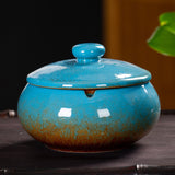 Cute Outdoor Ashtray with Lid Cool Ceramic Ash Tray Smokeless Windproof Covered Lidded Blue