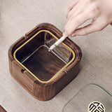 Cute Wooden Ashtray with Lid Cool Glass Ash Tray Covered Lidded Windproof