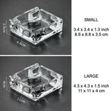 Size chart of square glass ashtray in small and large sizes with inch and cm measurements