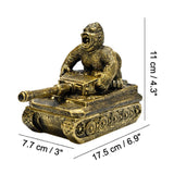 Vintage gold gorilla on a tank ashtray with measurements indicated
