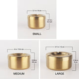 Size chart showing small, medium, and large funnel lid ashtrays in gold finish