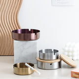 Stainless steel ashtray with lid displayed in multiple colors for balcony patio and indoor smoking areas