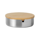 Silver stainless steel ashtray with wooden lid for modern indoor and outdoor smoking areas