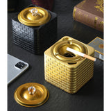 Outdoor Ashtray with Lid Cement Covered Lidded Windproof Smokeless Cool Ash Tray Black Gold