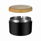 Black Nordic ashtray with bamboo lid and stainless steel insert for sleek covered outdoor use