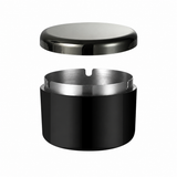 Black covered outdoor ashtray with glossy black lid and stainless steel insert for modern smoking spaces