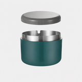 Teal green outdoor ashtray with gray lid and removable stainless steel tray for easy cleaning