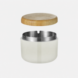 White Nordic ashtray with bamboo lid and stainless steel insert for minimalist indoor and outdoor use