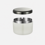 White covered ashtray with glossy black lid and stainless steel insert for modern smoking areas