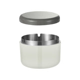 White outdoor ashtray with gray lid and stainless steel inner tray for a clean covered design