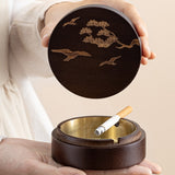 Outdoor Ashtray Wooden Carved Cover Smokeless Windproof Cool Ash Tray