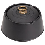 Black ceramic outdoor ashtray with lid and antique metal ring handle
