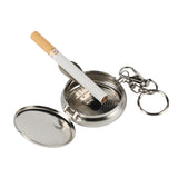 Portable metal pocket ashtray keychain with lid shown open with cigarette
