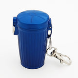 Blue bin-style metal pocket ashtray with keychain, portable lidded mini ashtray for travel