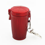 Red bin-style metal pocket ashtray with keychain, small outdoor cigarette ash container with lid