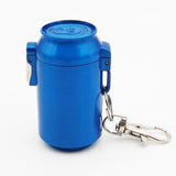 Blue can-style metal pocket ashtray with keychain, portable cigarette ashtray with secure lid