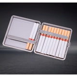 Open PU leather cigarette case showing 20-cigarette capacity and metal holder inside