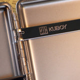 Close-up of push-button clasp on metal cigarette case
