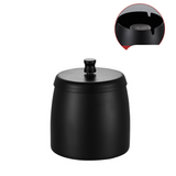 Black stainless steel ashtray with lid and inset view of the removable middle pedestal