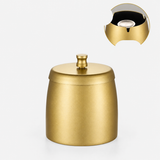 Gold stainless steel ashtray with lid and inset view of the removable middle pedestal