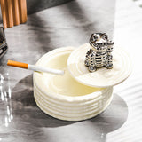 Welcoming Cat Ashtray with Lid Ceramic Cool Cute Ash Tray Smokeless Covered Lidded Windproof White Silver