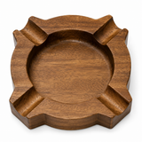 Round Walnut Brown wooden cigar ashtray with carved rim and recessed center