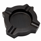 Round Ebony Black wooden cigar ashtray with carved rim and 4 cigar rests
